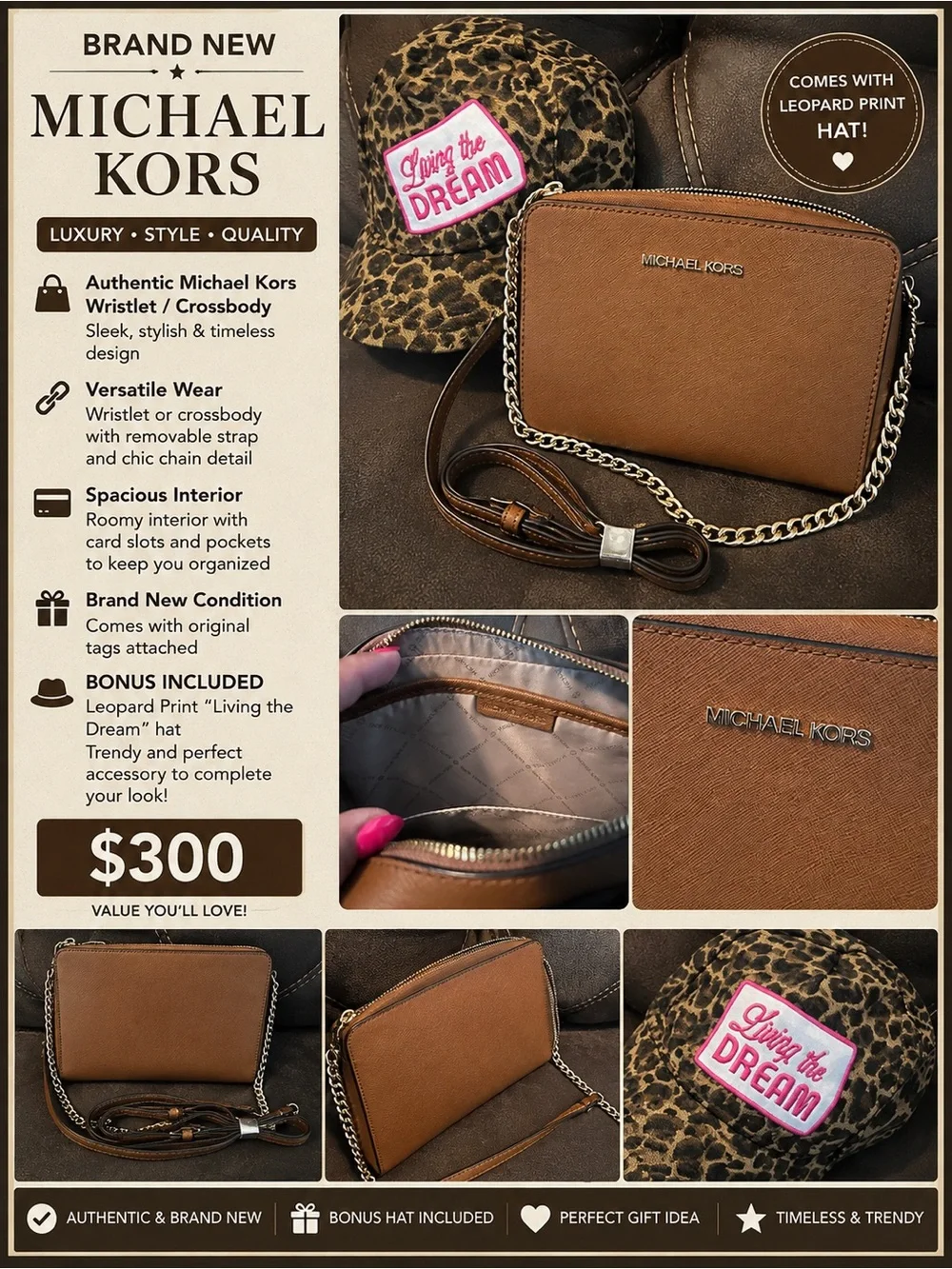 Michael Kors Brown Leather Crossbody Wristlet with Chain Strap
